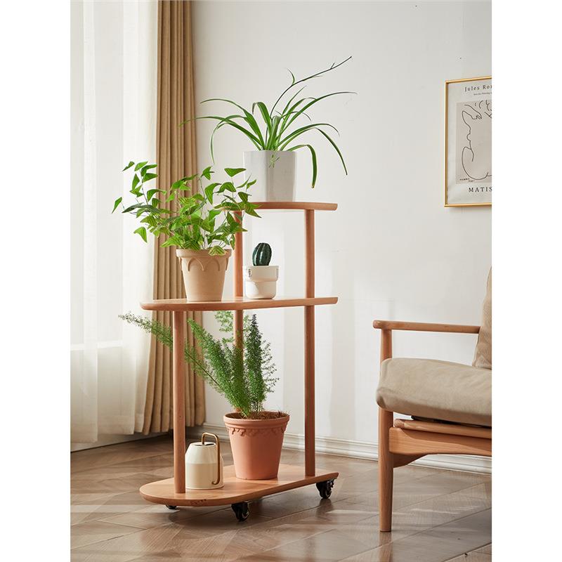 多层带轮子可移动花架榉木简约阳台室内边几客厅落地式吊兰置物架
