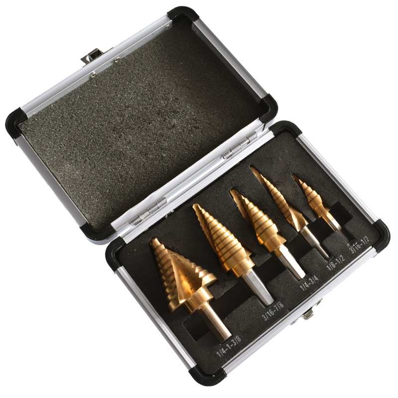 螺旋英制宝塔钻头5pcs高速钢开孔器套装三角柄镀钛多功能阶梯钻头