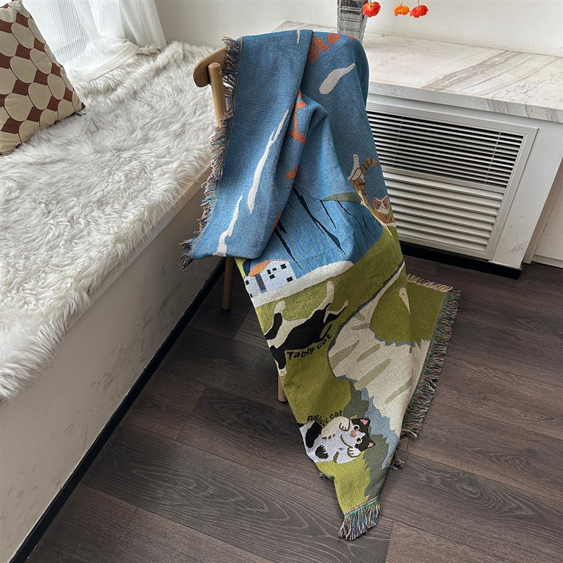 小猫公社装饰挂毯毯猫咪插画休闲纯棉编织沙发V毯中古风壁毯