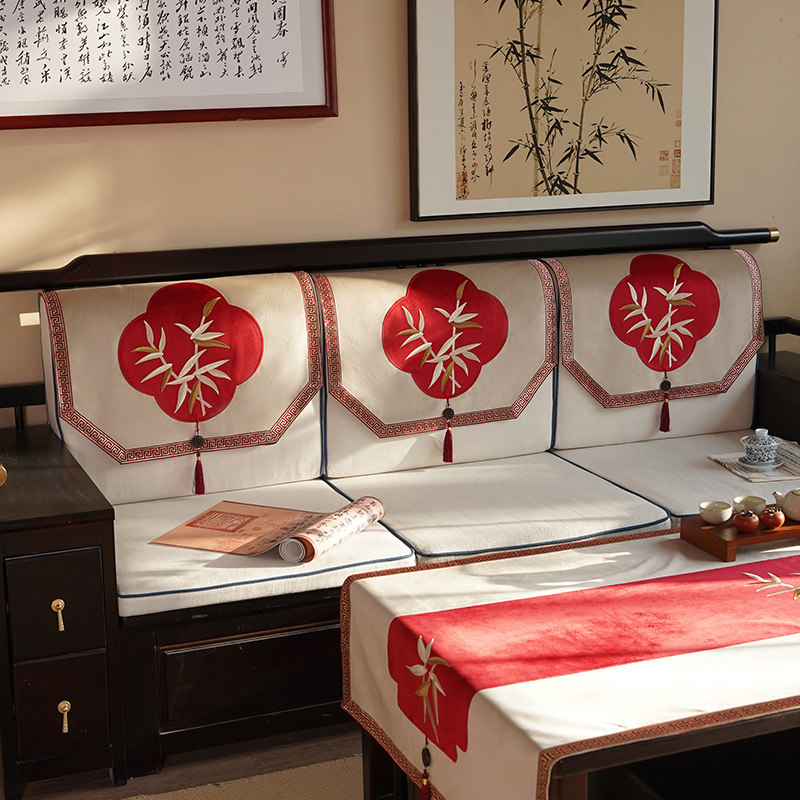 新中式沙发巾中国l风竹子刺绣家用防尘盖布高档轻奢客厅沙发靠背