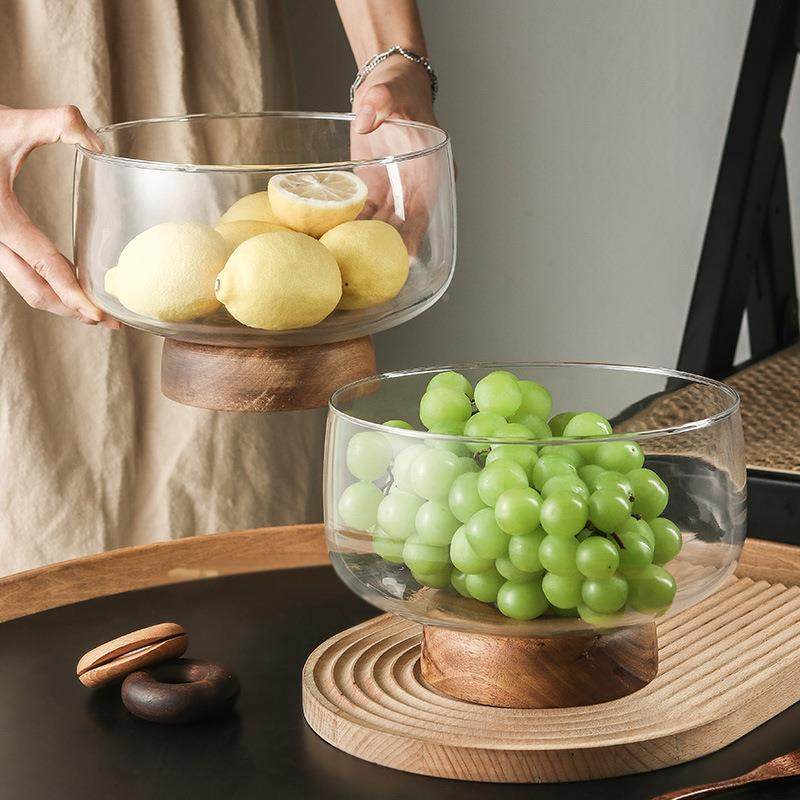 木底玻璃果零盘1景件轻奢高颜果玻璃木底值客厅生态造小鱼缸食盘