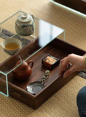 弥言黑展实木牙24392科柜胡桃木钢化玻璃茶具收纳盒创意文玩首饰