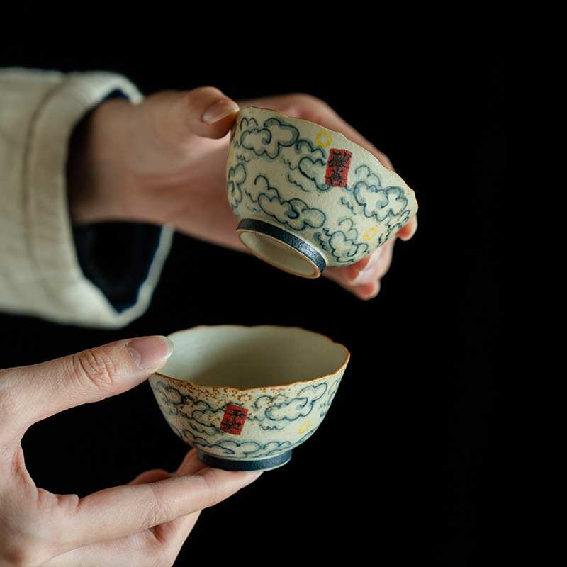 青花火石红斗笠杯女主人杯茶杯纯手绘祥云个人专用女士品茗杯