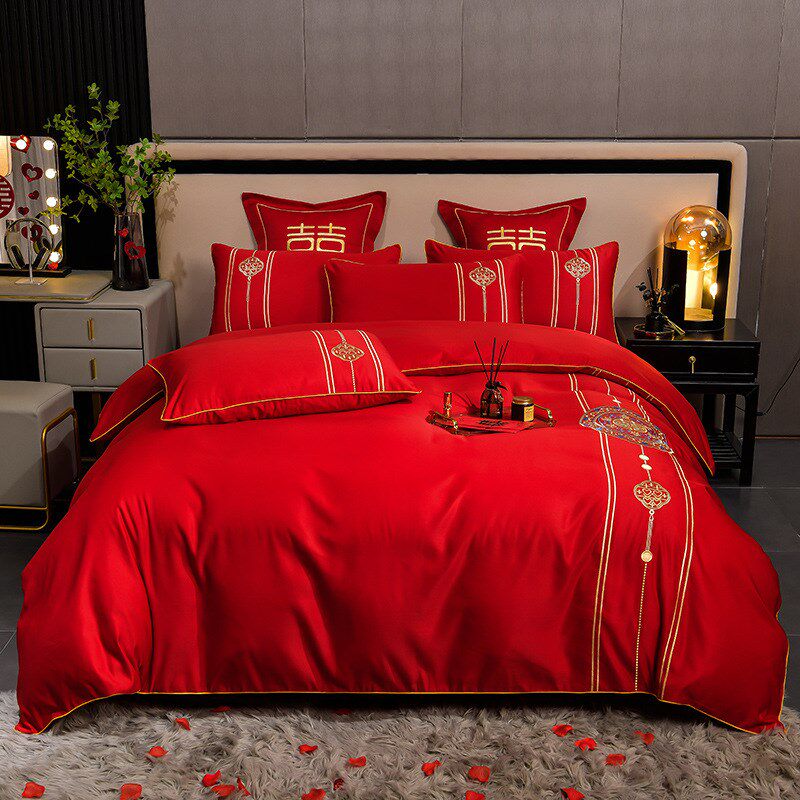 高端刺绣裸睡婚庆四件套 水洗磨毛红色新婚嫁妆结婚四件套礼品装