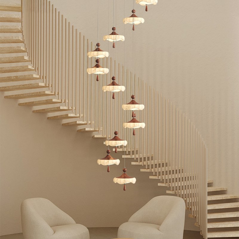 宋式美学旋转楼梯吊灯2025新款复式楼中空客厅Q灯法式复古创意灯