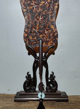 文案陈设花梨木嵌宫扇旧藏老花梨木宫扇屏风摆件古玩摆件收藏品