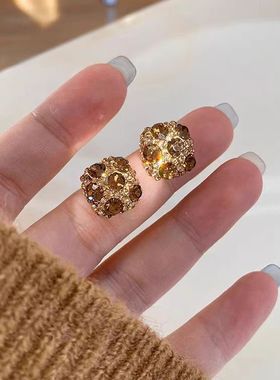 复古轻奢简约方形耳饰秋冬新款焦糖色满钻超闪百搭耳钉