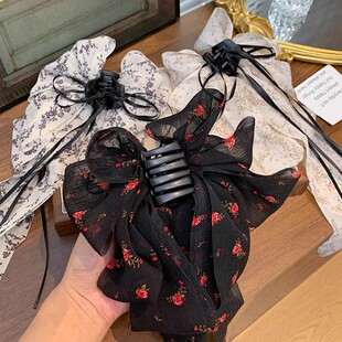 超仙碎花蝴蝶结飘带抓夹女高级感发夹气质半扎发马尾夹鲨鱼夹头饰