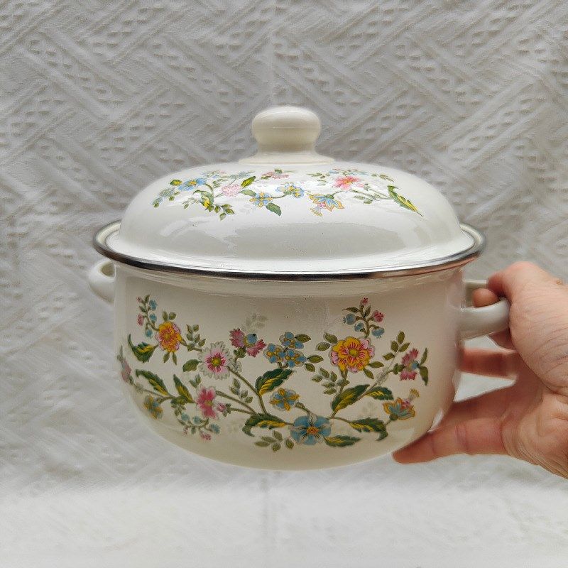 三件套搪瓷烧锅珐琅平底锅家居日用多规格搪瓷锅带盖双耳礼品汤锅