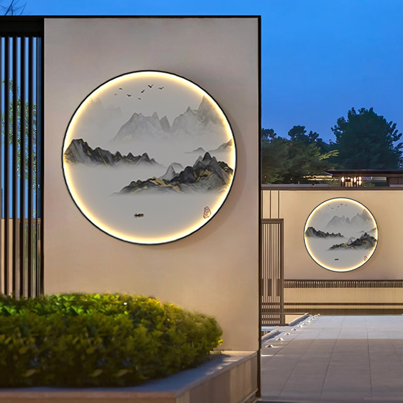 户外壁灯防水太阳能新中式庭院灯花园景观墙灯山水造W景影壁墙装