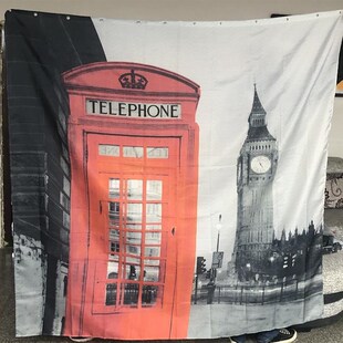 热销红色电话亭酒店浴帘伦敦大本钟防水涤纶浴帘1件起批
