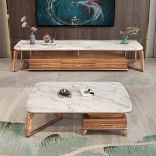 现代新中式 实木茶几电视柜组合简约乌金木大理石台面茶几2025新款