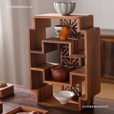 胡桃木置物架小型桌面茶杯博古架新中式茶室茶几收纳杯架展示架子