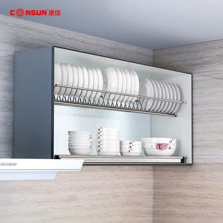 不锈钢碗碟架壁挂式内置双层碗盘厨房橱柜拉篮收纳置物吊柜沥水架