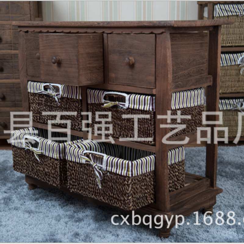 供应田园家具床头柜 储物收纳柜 四编织篮抽屉大容量收纳柜