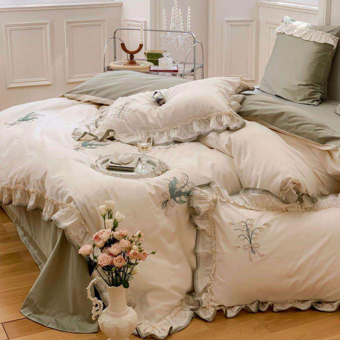 古典刺绣双拼本色布荷叶边圆角贴边100S澳棉双股贡缎长绒棉四件套