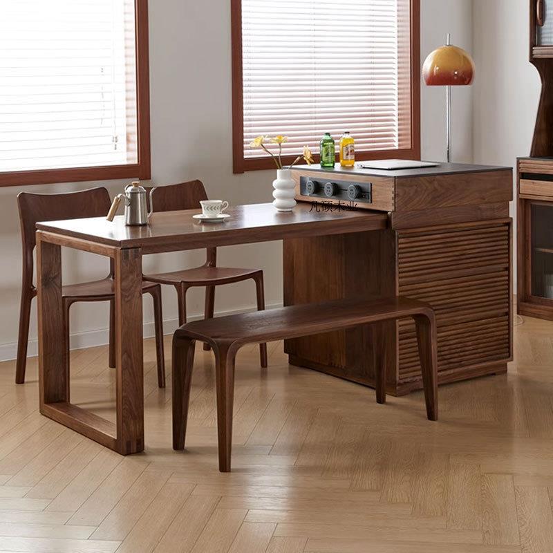 北美黑胡桃木餐桌岛台一体伸缩岩板中岛小户型北欧实木餐厅储物柜