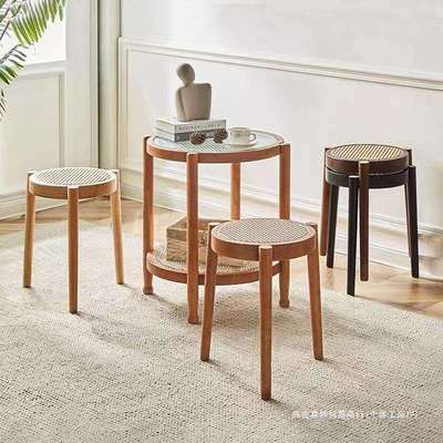 实木藤编餐桌椅子可收纳叠放小圆凳方凳餐桌凳家用矮凳艺术藤凳椅