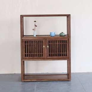 新中式茶水柜老榆木矮款博古架茶室禅意仿古高低柜收纳置物架收纳