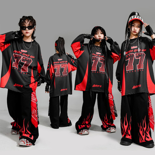 hiphop街舞童装儿童黑红火苗77号套装嘻哈潮牌男童潮服女童演出服