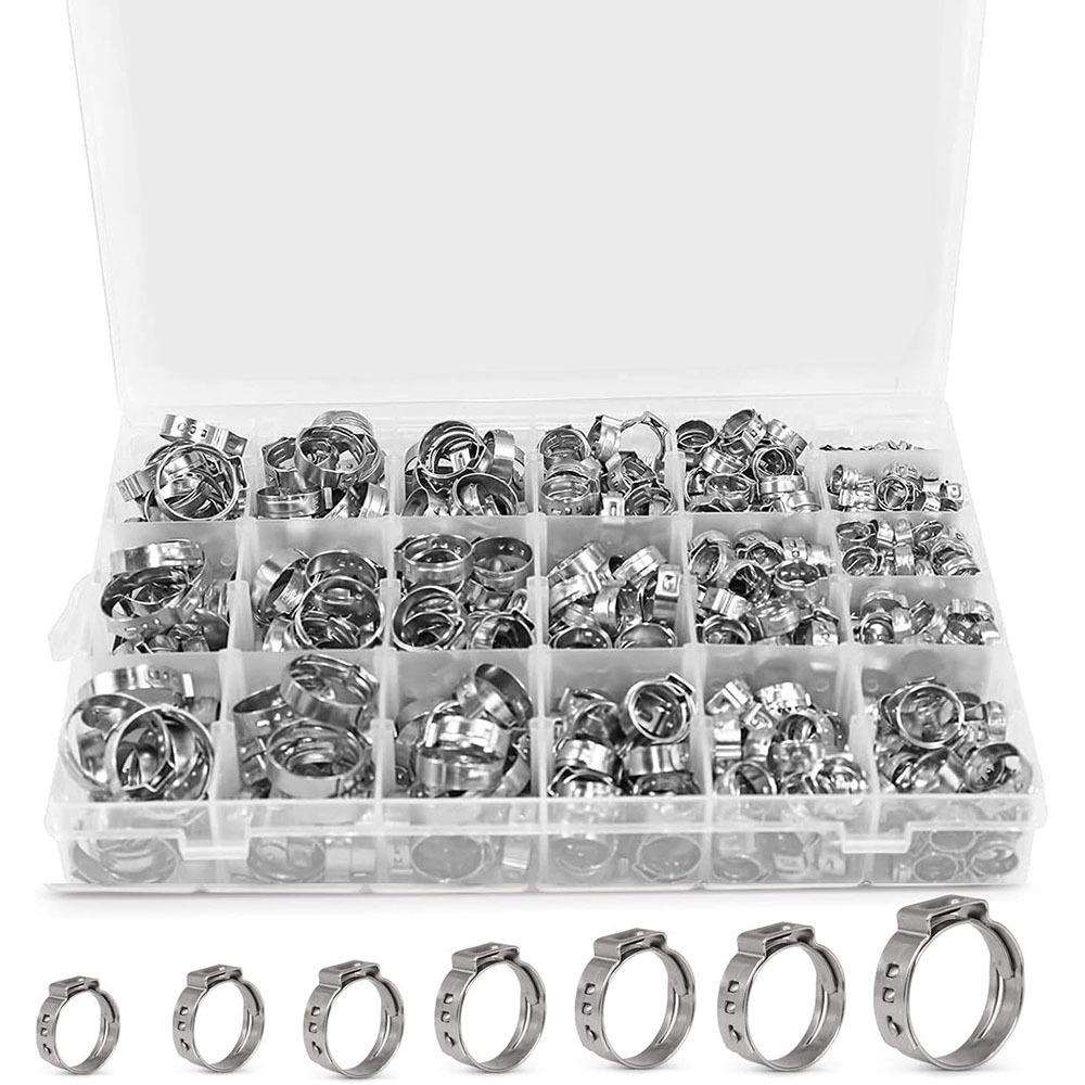 跨境420PCS盒装20种尺寸304不锈钢单耳卡箍喉箍软管夹套件