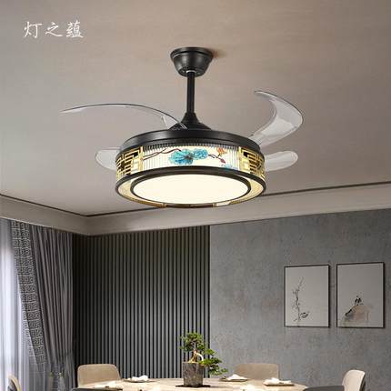 新中式餐厅风扇灯隐形LED客厅灯简约电扇灯家用主卧室静音吊扇灯