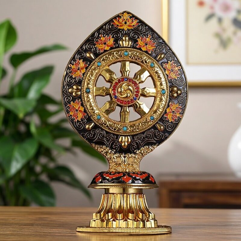 藏传密宗供具 供佛用品 精美 镀金彩绘法轮摆件