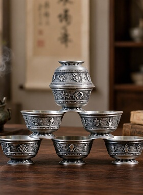锡世珍品供水碗纯锡供水碗一套七个八吉祥家用摆件佛前供水碗