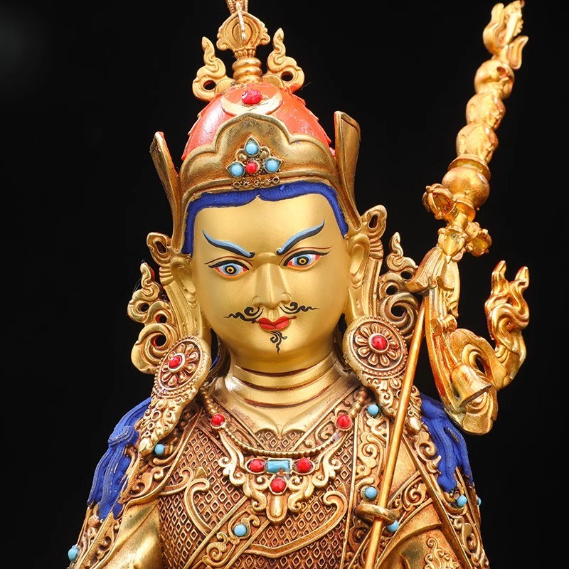 7寸黄铜莲花生大士佛像摆件10寸藏式尼泊尔工艺鎏金镶嵌彩珠摆件