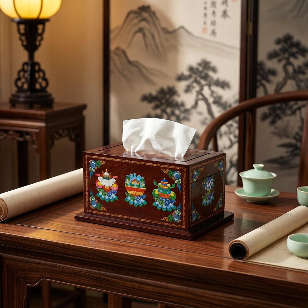 藏式橡木彩绘抽纸盒莲花摩尼宝格桑花纹实木纸巾盒客厅茶几收纳盒