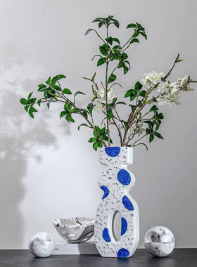 简约现代双拼色几何陶瓷摆件样板间茶室酒店客厅T创意花器软装摆