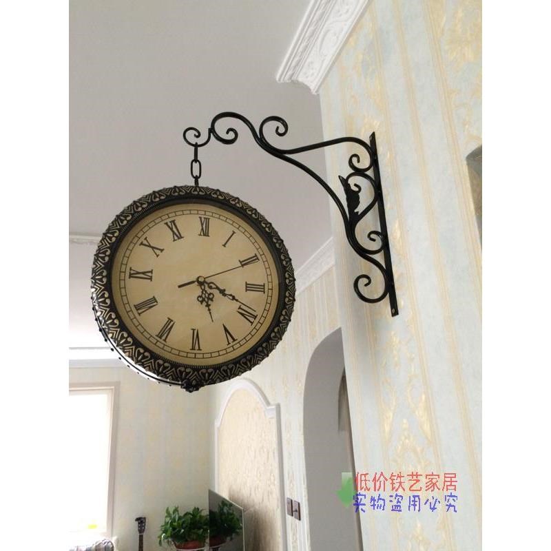 包邮欧式铁艺挂钟.田园铁艺双面.客F厅静音钟表.壁挂太阳机芯挂钟