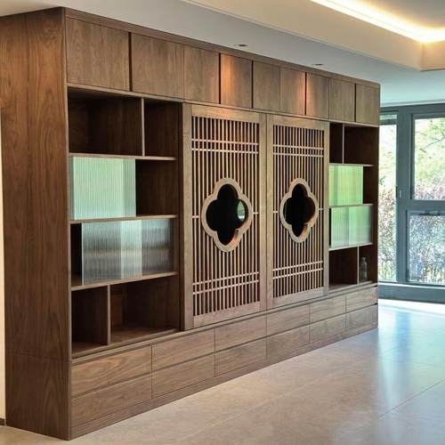 新中式北美黑胡桃木书柜全屋定制实木客厅背景墙组合落地靠墙书架