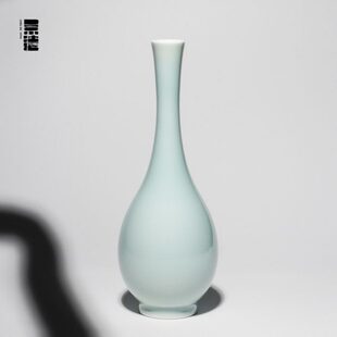 景德1004手工花瓶书房案头瓶中式插花原矿釉 影青长颈胆瓶高24cm
