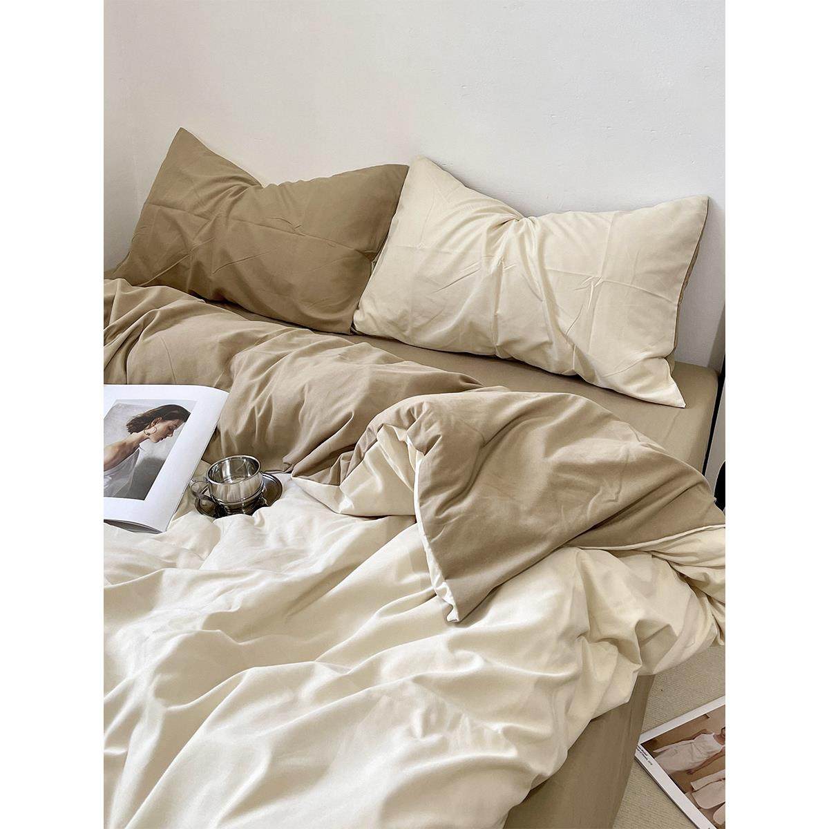 休闲风格斯堪的纳维亚纯色双床春夏床四件套.米裸睡被套床床单单