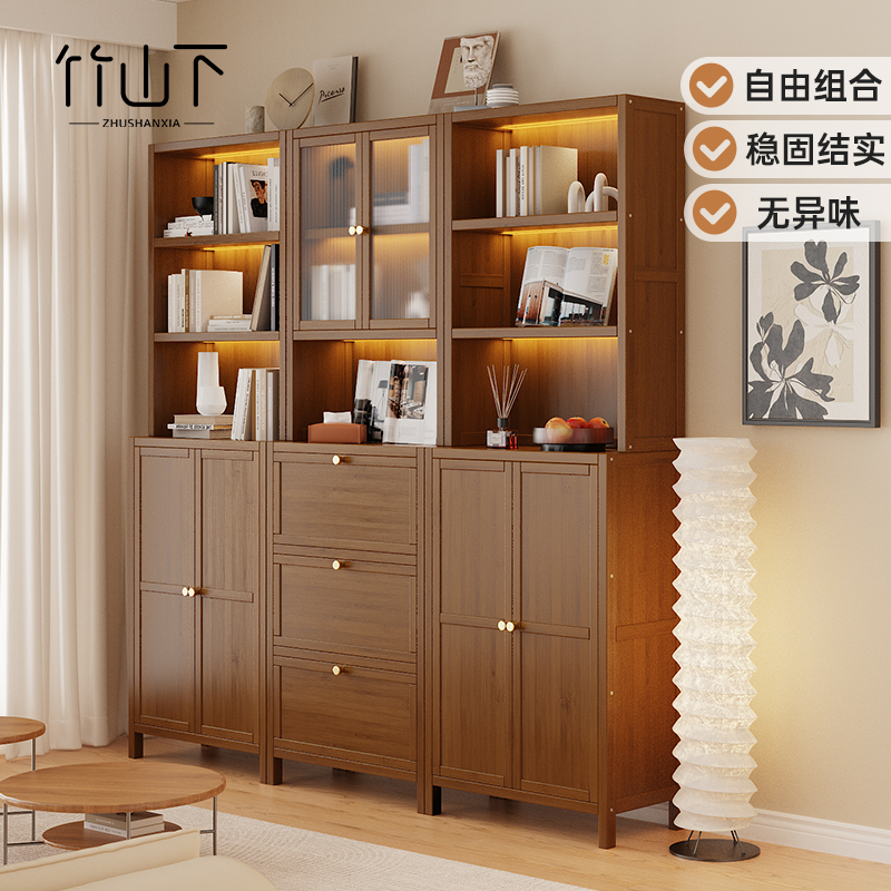书柜储物柜一g体整墙家用书架落地置物架客厅靠墙带玻璃门展示柜