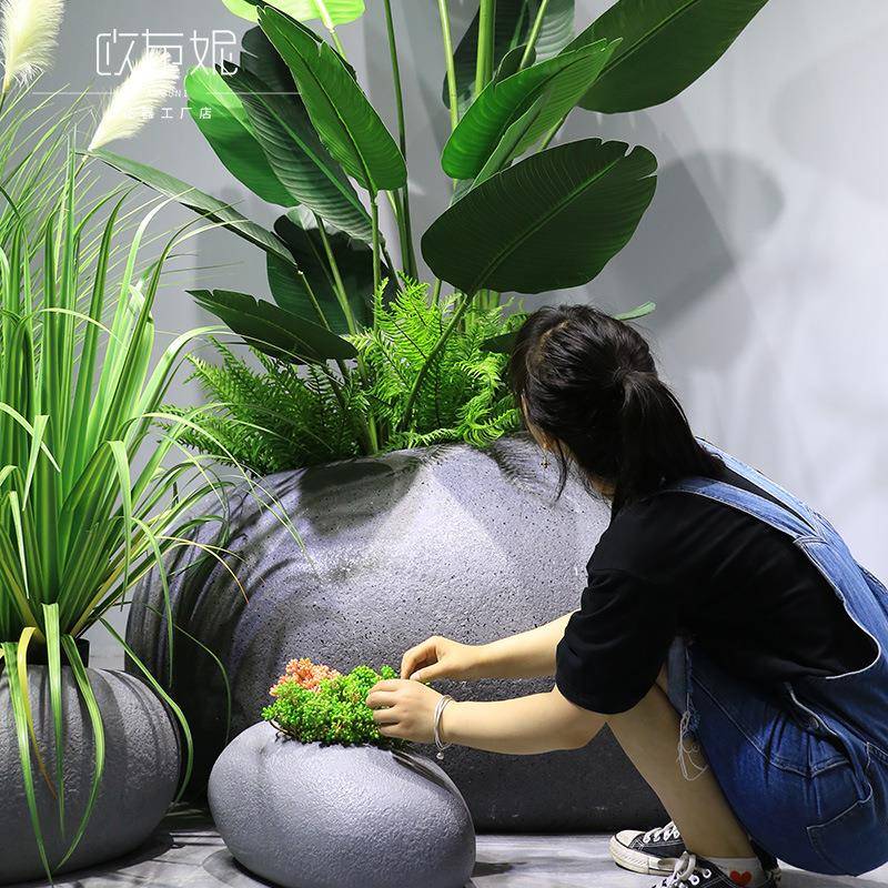 璃钢花器商场石TB645038头圆形花盆仿真绿玻植盆景装饰苇品花箱大
