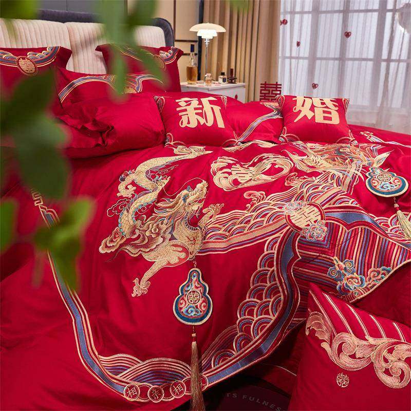 6长0S绒红棉高端婚庆四件套全棉棉龙DFHM-112纯凤刺绣大色婚房结