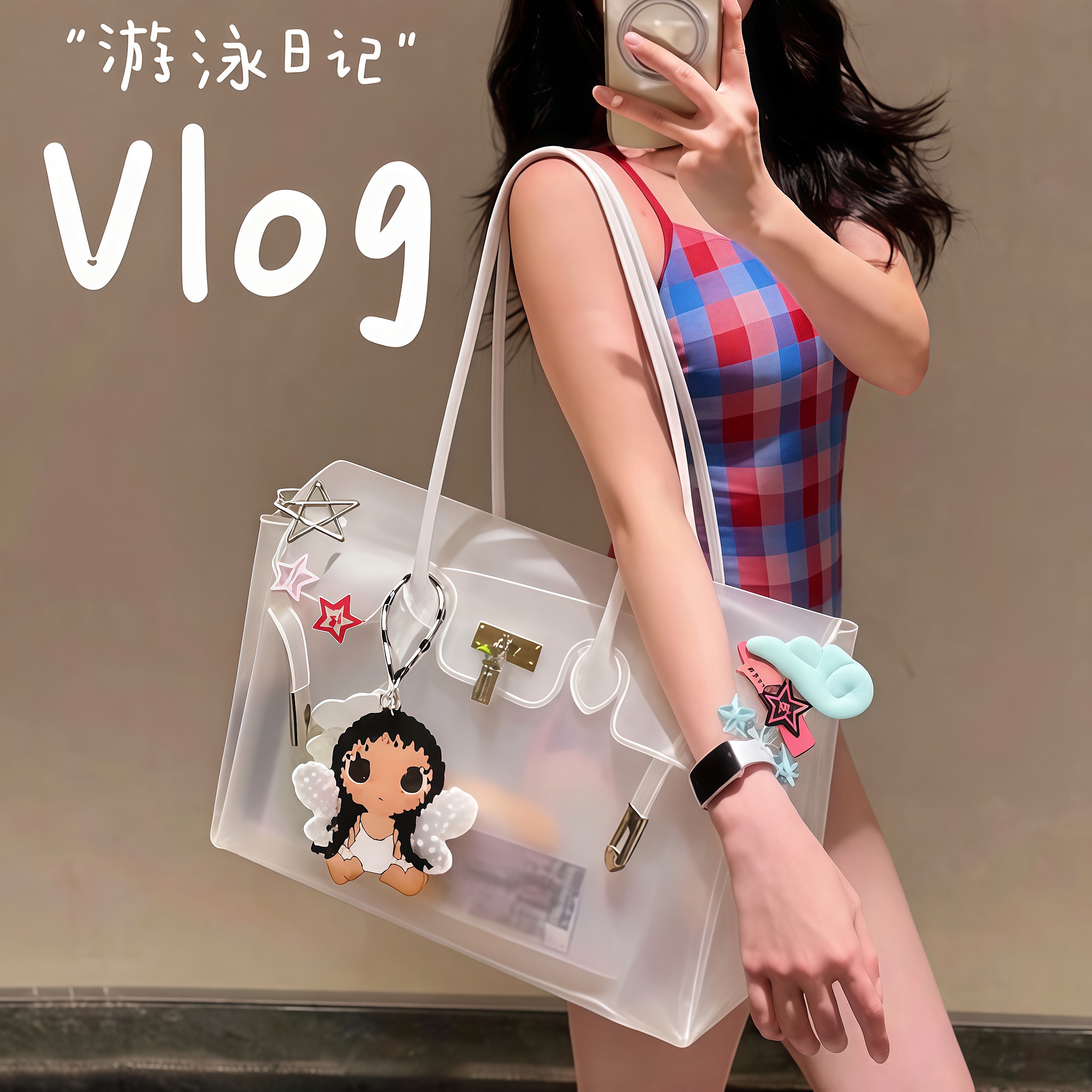 超韩!白色游泳包干湿分离果冻包单肩包透明大容量高颜值2026新款