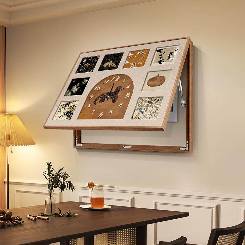 法式寓意配电箱遮挡推拉挂画新中式复古风格子带钟表电表箱装饰