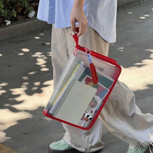 透明文件夹拉链式a4手提包文件袋大容量多巴胺色上课通勤资料包