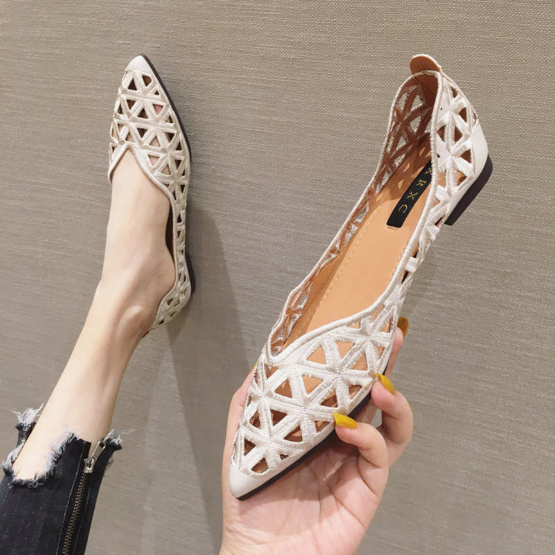 凉鞋女2021夏季新款豆豆鞋韩z版刺绣镂空尖头平底鞋女单鞋大码女