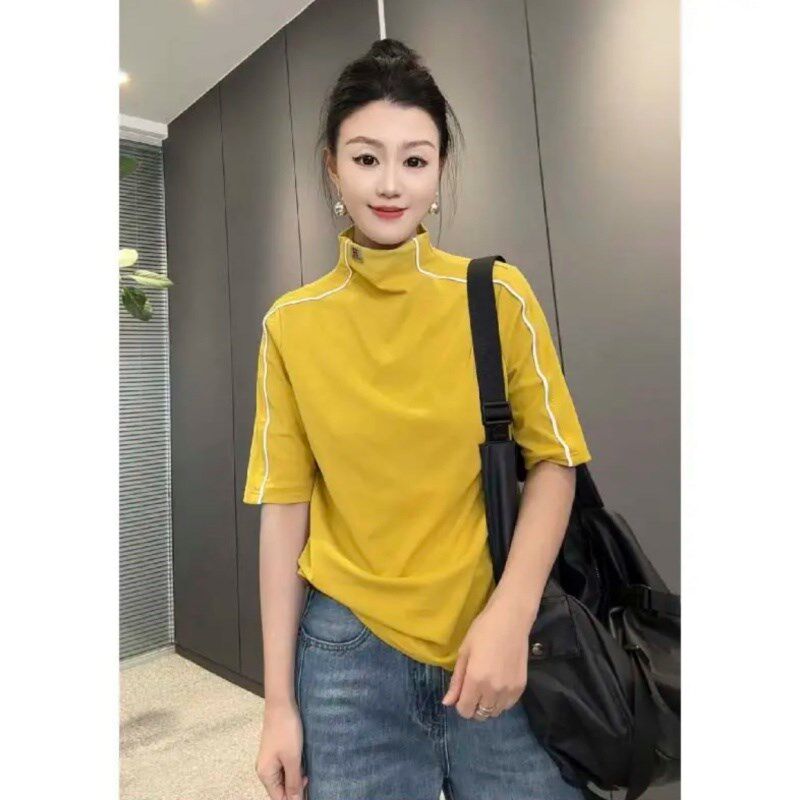 欧货半高领t恤女2l025夏季新款减龄打底衫百搭显瘦遮肚子女士小衫