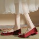 粗跟红色新娘鞋 婚鞋 日常可穿2024新款 法式 方头水钻U仙女鞋 温柔单