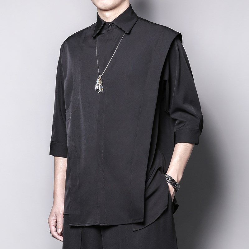 日系小众拼接不对称剪裁设计感不规则下摆纯色半袖五分衬衫男衬衣