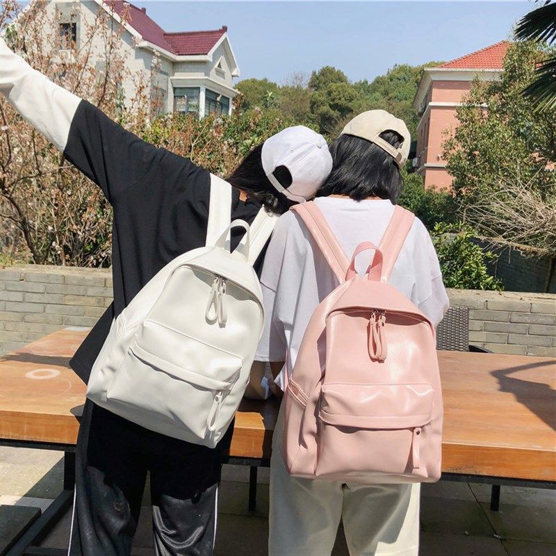 日版古着感少女书k包校园韩版高中学生双肩包森系百搭PU皮纯色背