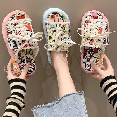 个性涂鸦溶解厚底凉拖鞋女夏外穿乞丐鞋帆布爆款网红奶呼呼一字拖