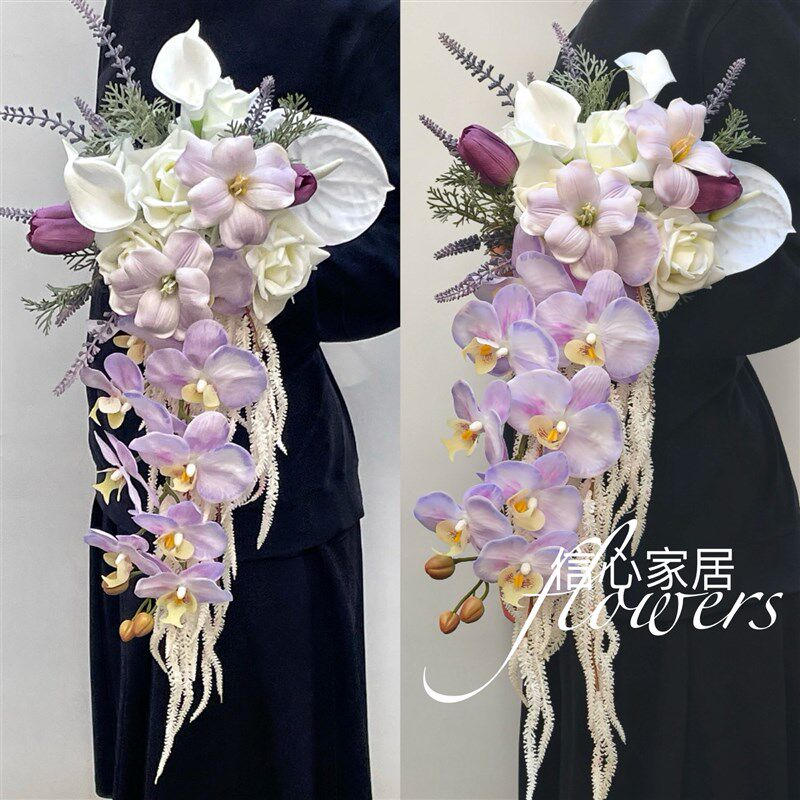 紫色瀑布手捧花仿真花高级新娘结婚D当天摄影拍照假花束保湿玫瑰