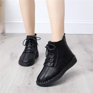 平底软底女鞋秋冬款孕妇r鞋冬季加绒黑色工作鞋妈妈鞋大码皮鞋短