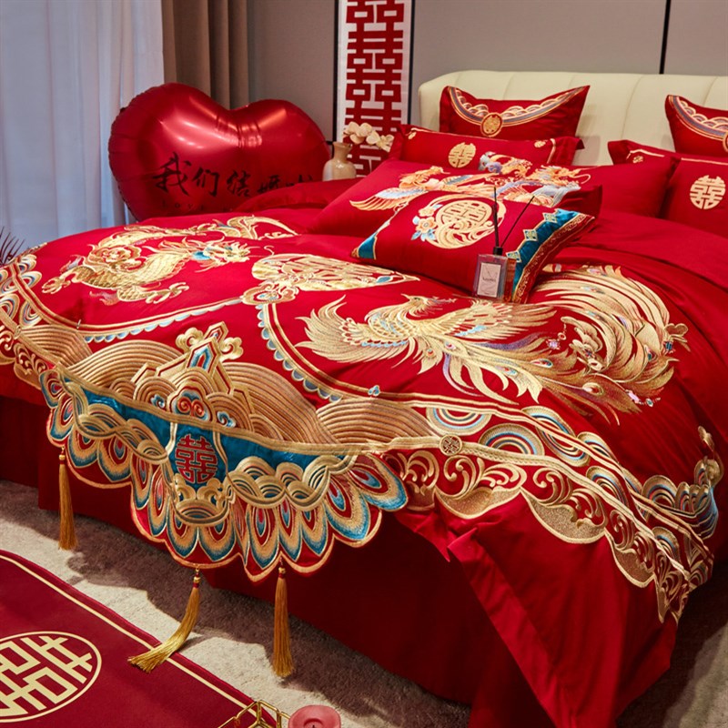 结婚床上用品四件套红色婚庆全棉龙凤刺绣被套高级感新婚婚房陪嫁